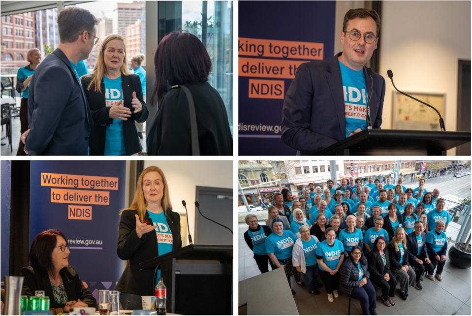 Series of four images showing NDIS Review Panel Co-Chair Lisa Paul speaking at the Australian Services Union (ASU) conference, Angus McFarland from ASU speaking and photo of all conference participants with Lisa Paul. 