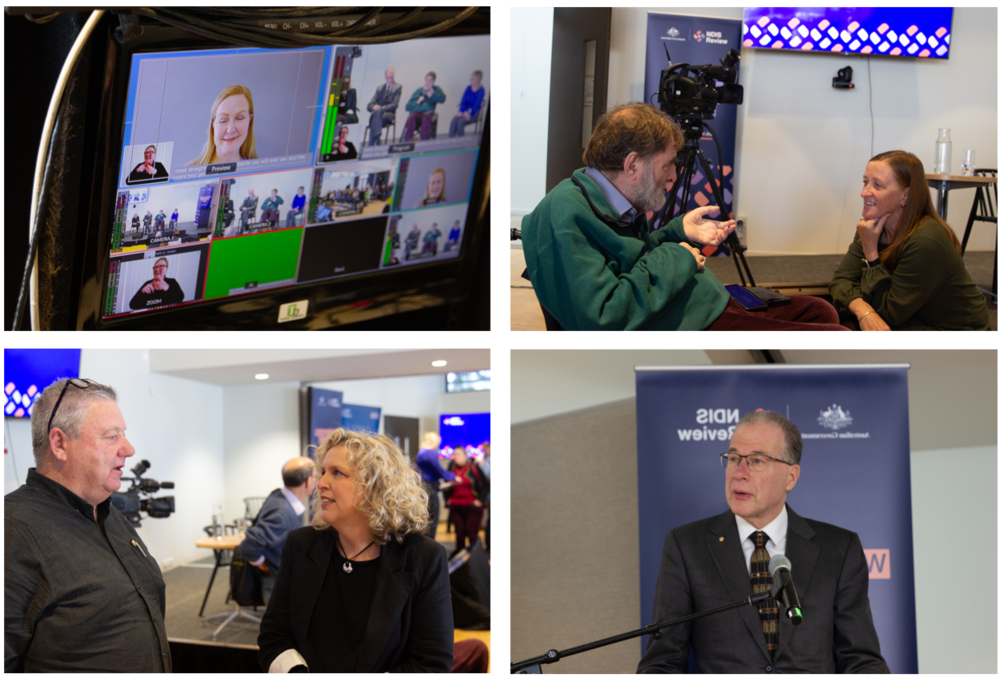 Series of four images from the Geelong community event. Includes Lisa Paul dialling into the webinar on screen, Dougie Herd and Kirsten Deane speaking with community and Bruce Bonyhady speaking.