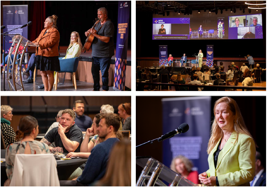 Series of four images showing NDIS Review Panel Community Meeting in Newcastle. Image includes Welcome to Country, community members and Co-Chair Lisa Paul.