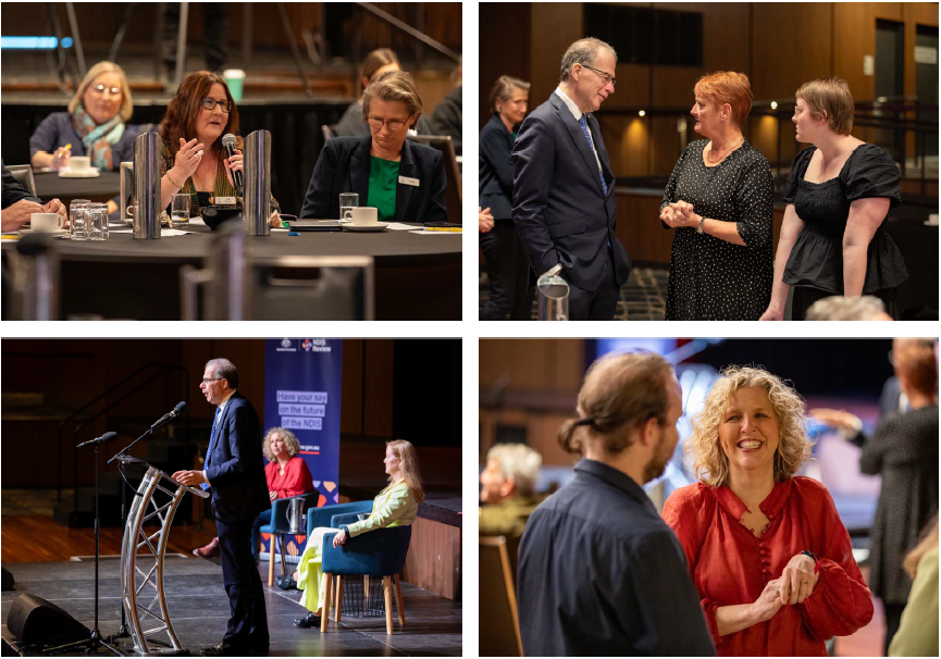 Series of four images showing NDIS Review Panel Community Meeting in Newcastle. Image includes Co-Chair Bruce Bonyhady giving a speech, community member asking questions and panel member Kirsten Deane.