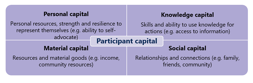 Participant capital: Personal capital - Personal resources, strength and resilience to represent themselves (e.g. ability to self-advocate); Knowledge capital - Skills and ability to use knowledge for actions (e.g. access to information); Material capital - Resources and material goods (e.g. income, community resources); Social capital - Relationships and connections (e.g. family, friends, community).
