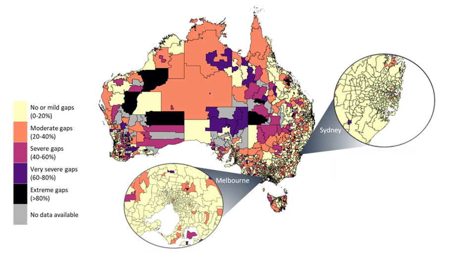 A map of Australia showing areas representing the severity of market gaps in different regions. Melbourne and Sydney are magnified to show the colour representation of particular suburbs, however both have largely no or mild gaps. Areas with the most severe market gaps lie in remote and very remote regions