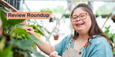 Review round-up tile showing a person smiling in a greenhouse.