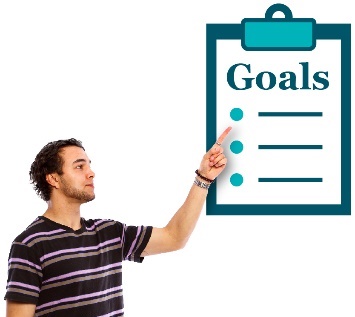 A man pointing to a clipboard showing goals.
