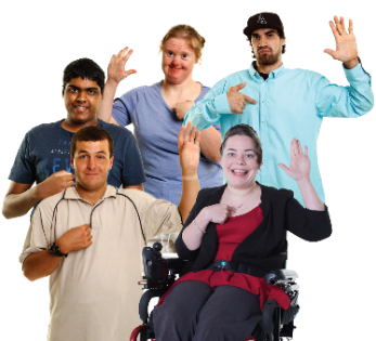 Group of 5 people with different disabilities pointing at themselves and their other hand raised. 