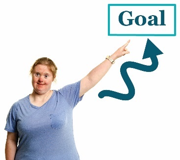 A woman pointing towards her goal