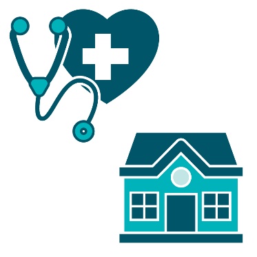 A health icon of a stethoscope and a heart, and a house icon.