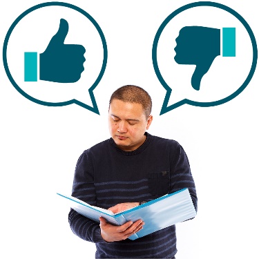 A man reading a document, with a speech bubble showing a thumbs up and another one showing a thumbs down.