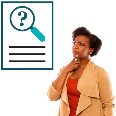 A woman thinking, and a document showing a magnifying glass and a question mark.