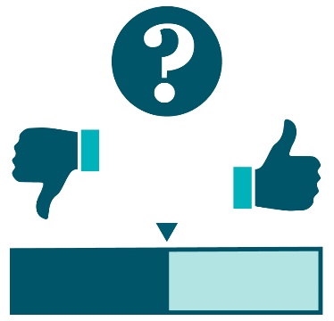 A question mark above a thumbs up and thumbs down, and an arrow pointing to the middle of a gauge.