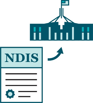 An NDIS document, with an arrow pointing to parliament house.