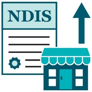 An NDIS document, a shop front and an arrow pointing up.