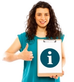 A woman smiling with thumbs up. She is holding a clipboard with an information icon on it.