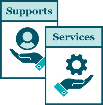 A document labelled 'Supports' showing a hand holding a person, and a document labelled 'Services' showing a hand holding a cog.