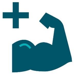 A plus sign above a muscular arm flexing.