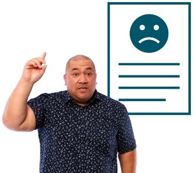 A man with his hand raised, and a document showing a sad face.