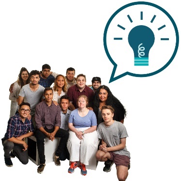 A diverse group of people with a speech bubble showing a lightbulb.