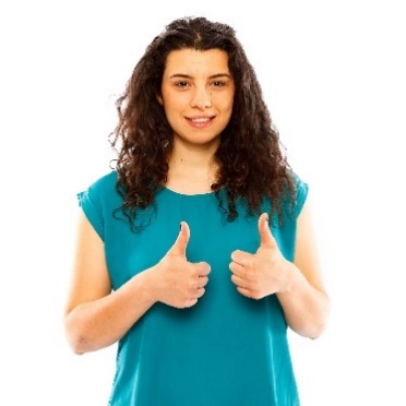 A smiling woman giving 2 thumbs up. 