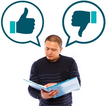A man reading a document, with a speech bubble showing a thumbs up and another one showing a thumbs down.