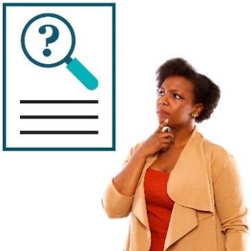 A woman thinking, and a document showing a magnifying glass with a question mark.